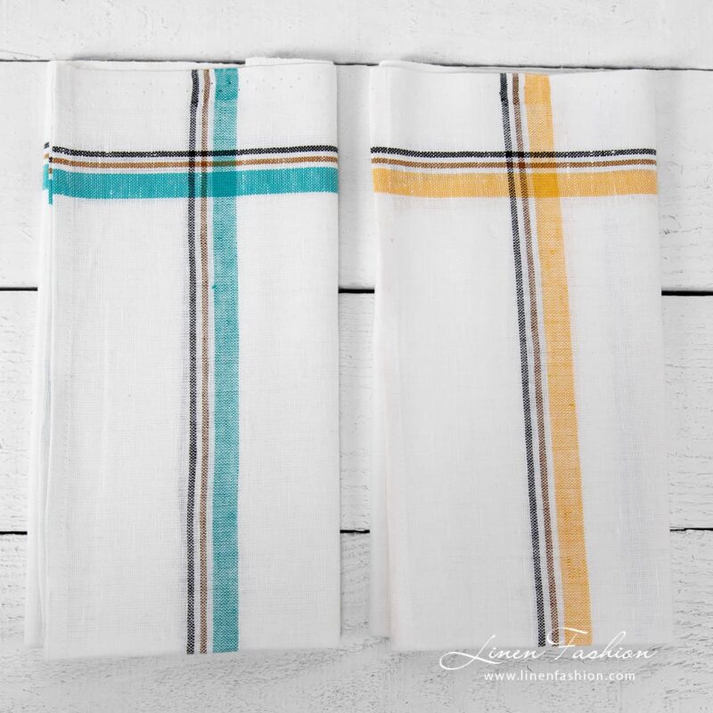 Off-white kitchen towels with yellow,green stripes