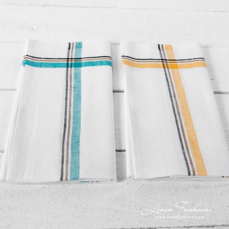 Linen cotton kitchen towels, white with coloured stripes