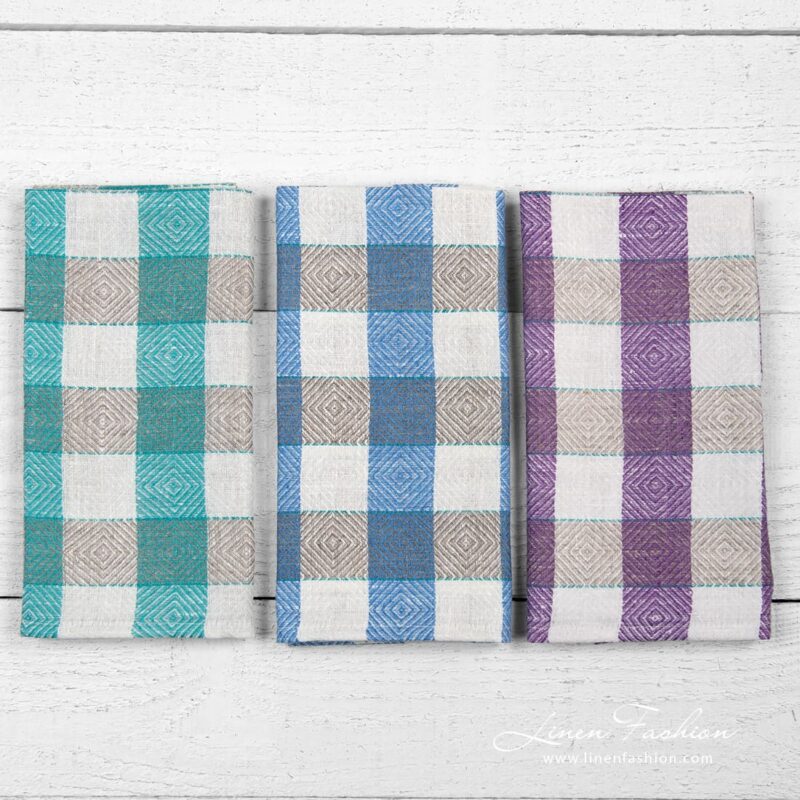 Linen kitchen towel set in green, blue and violet checks