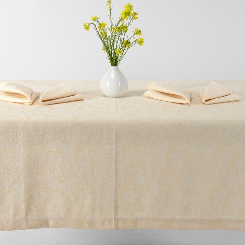 Cream floral linen cotton tablecloth, white and cream yarns