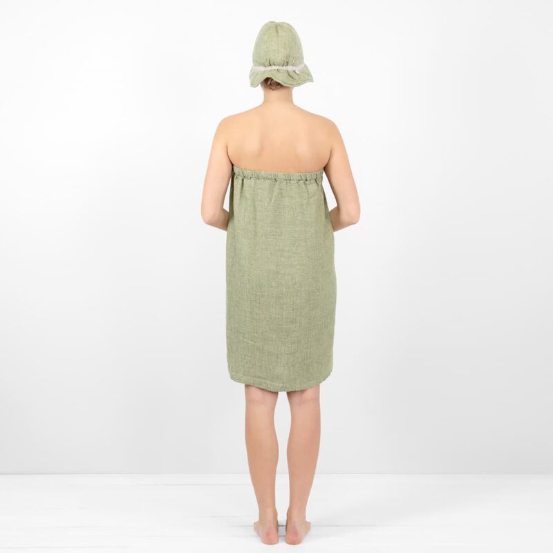 linen green wrap towel with sauna hat