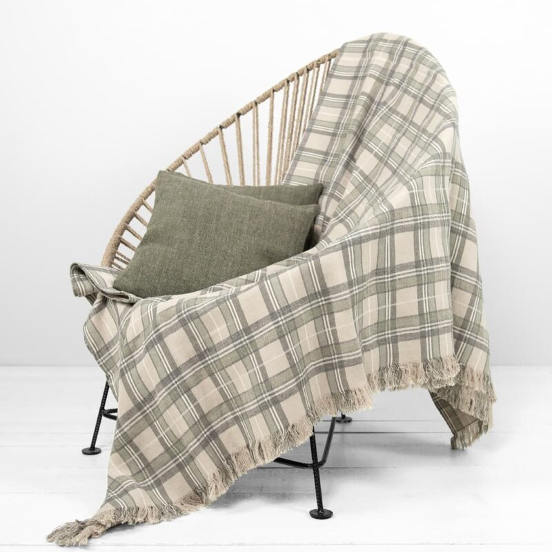 Beige checked linen cotton blanket on chair