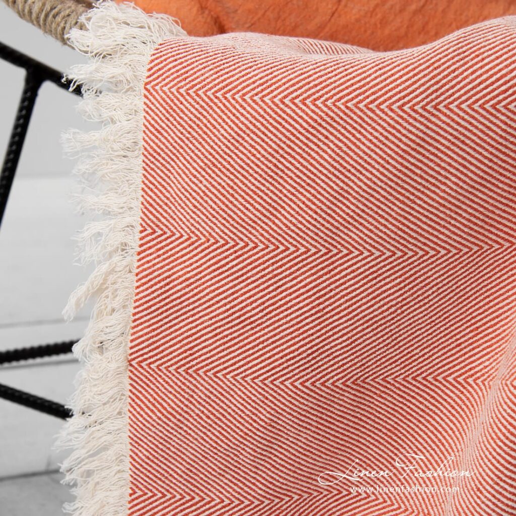 HERO Plaid orange 4 Linen cotton orange blanket with fringes.