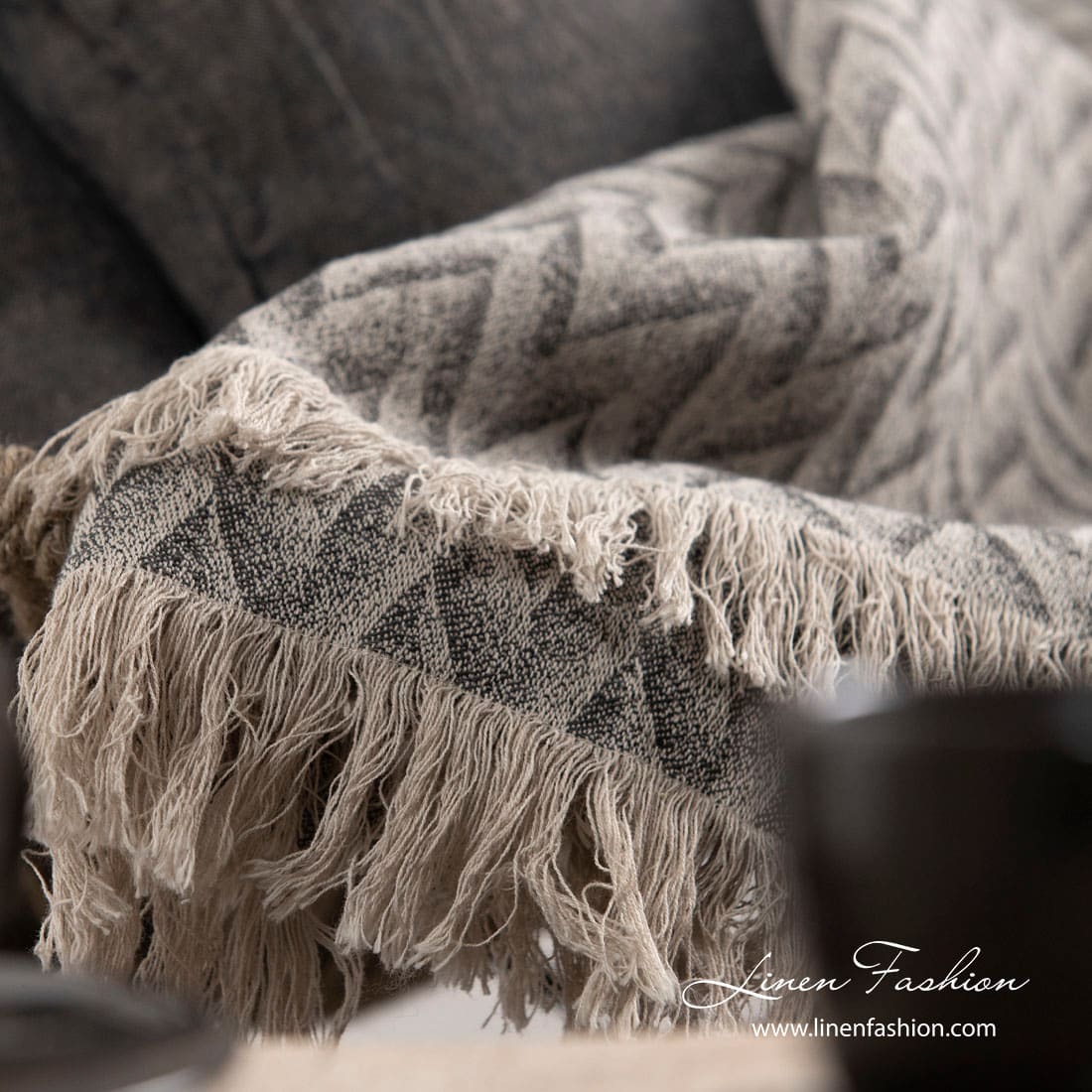 Grey linen cotton blanket with loose fringes