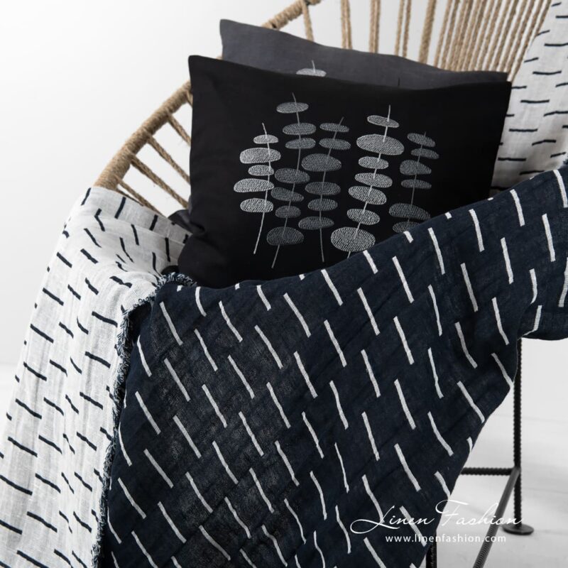 HAZEL black linen cotton blanket with stripes