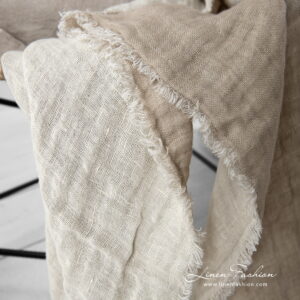 FARGO Plaid beige 14 Linen double side beige blanket with fringes around.