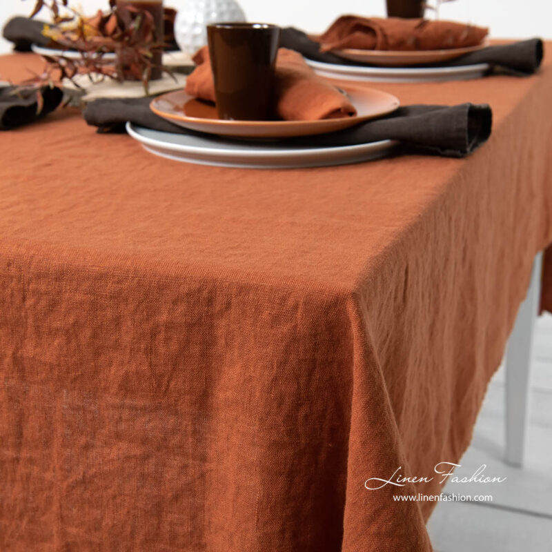 Washed plain weave dark orange linen tablecloth