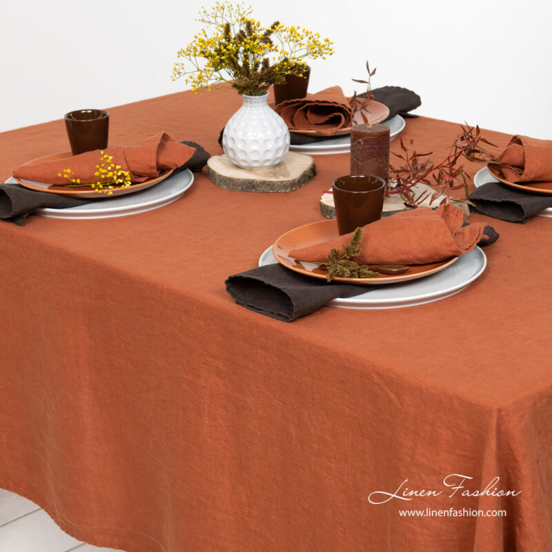 Dark orange washed pure linen tablecloth and napkins