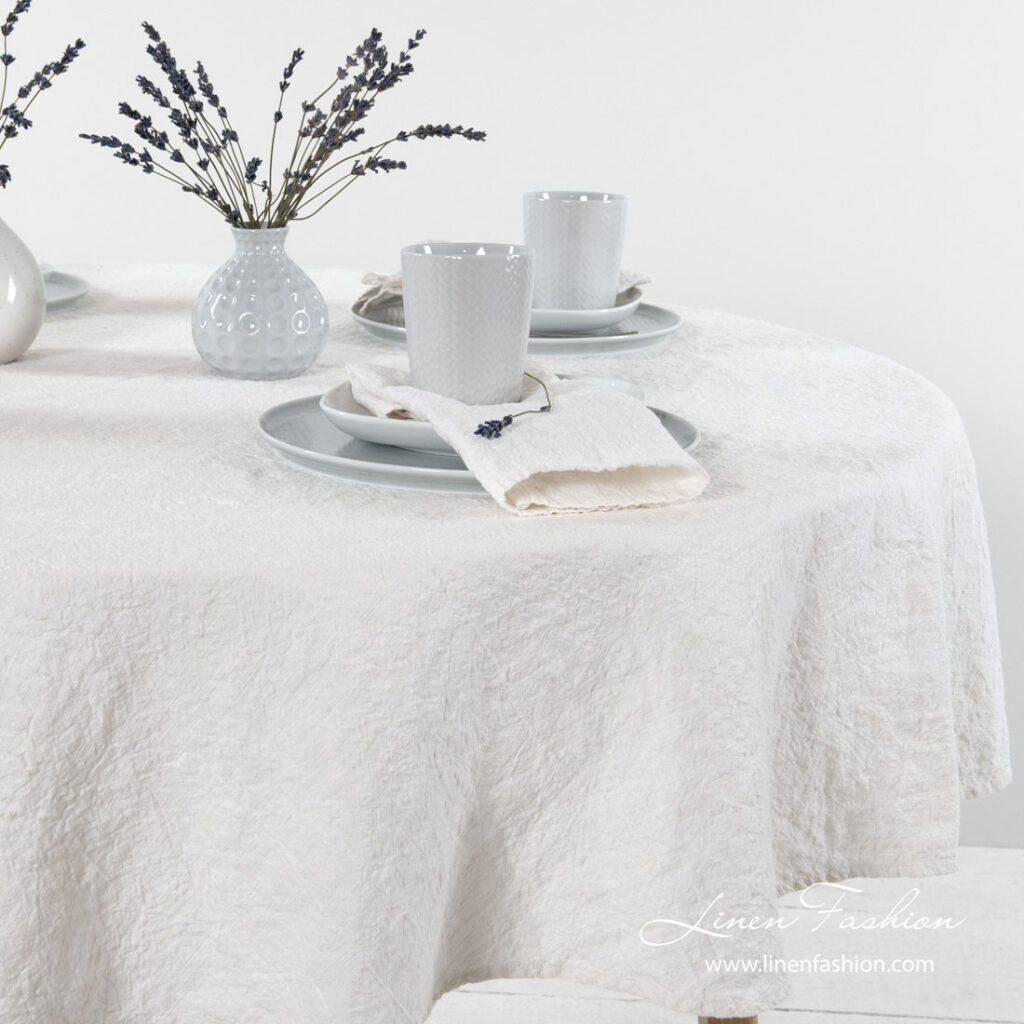 ASTRA Tischdecke runde weiß 2 Round off white linen cotton tablecloth, washed