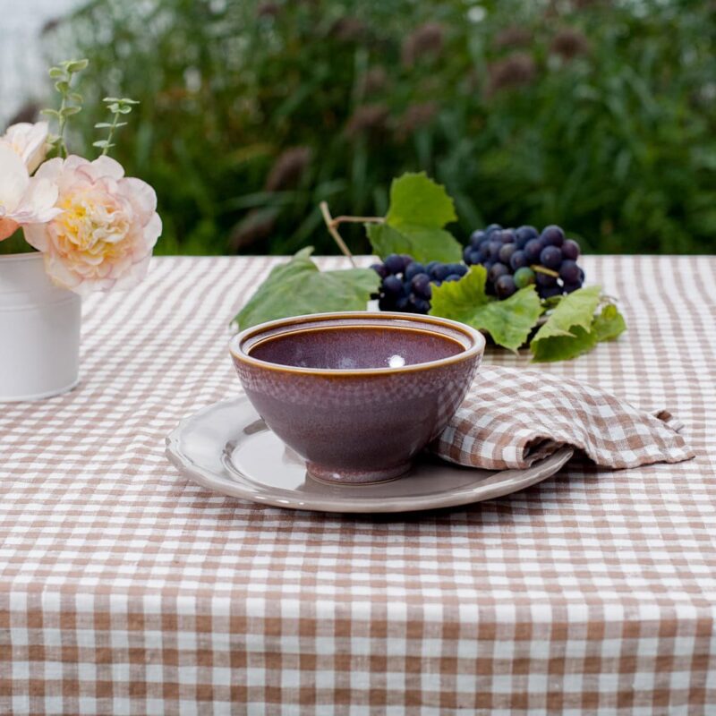 Checked brown linen tablecloth, washed fabric