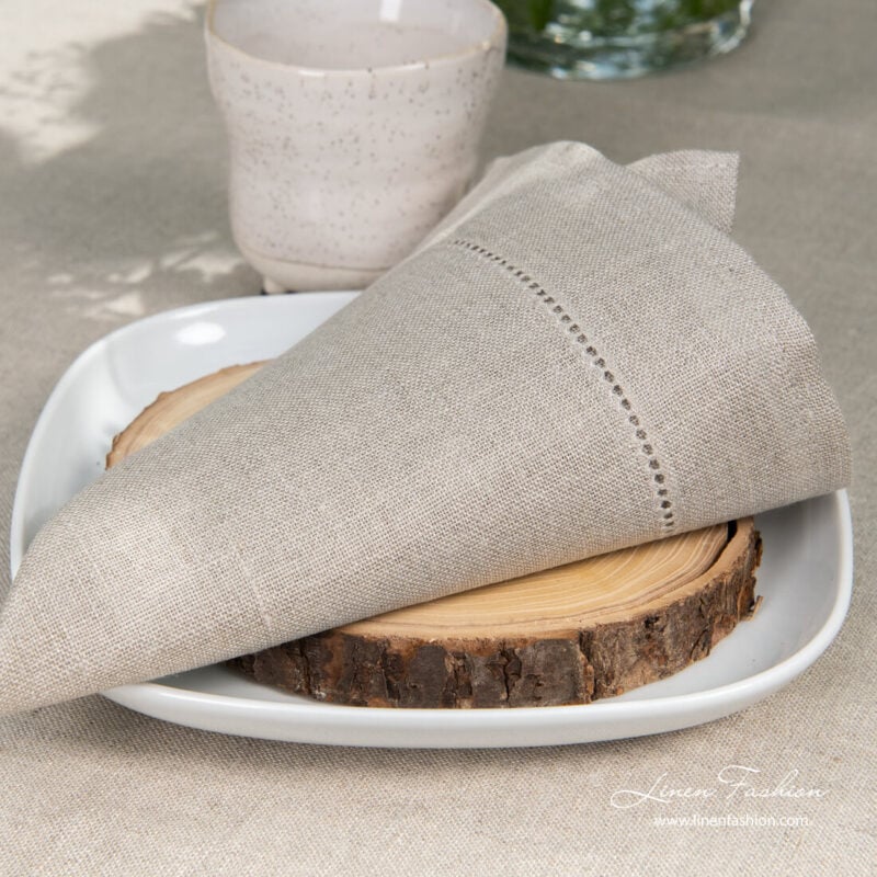 Natural flax linen napkin decorated with hemstitch