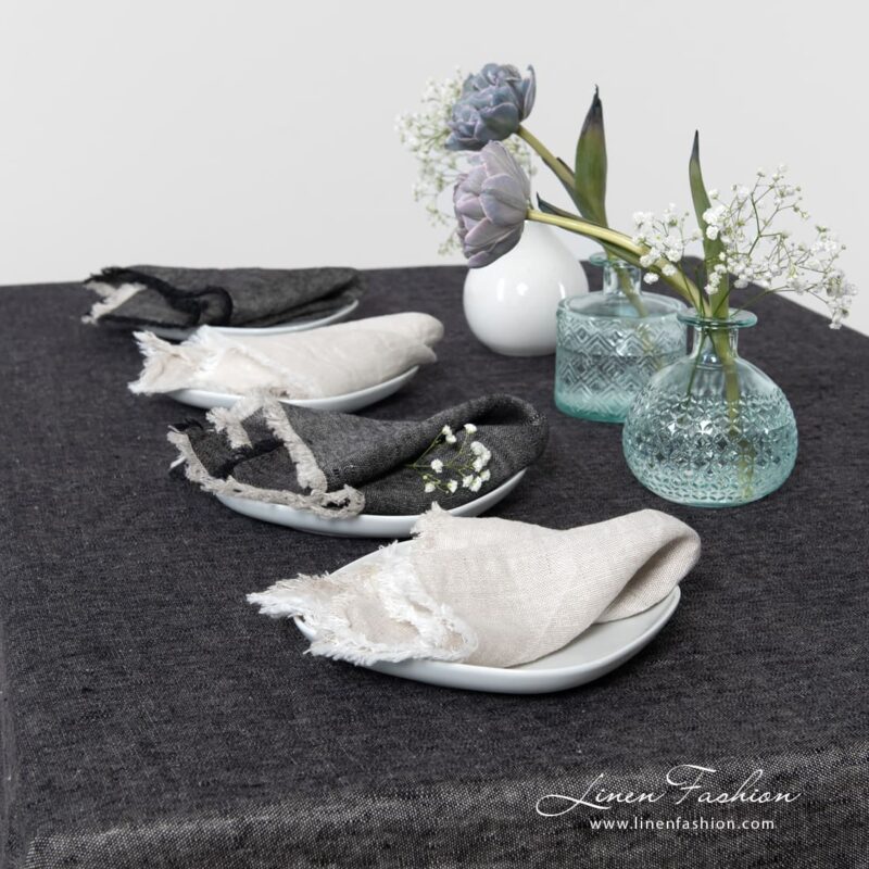 MANTIS black linen tablecloth with loose fringes