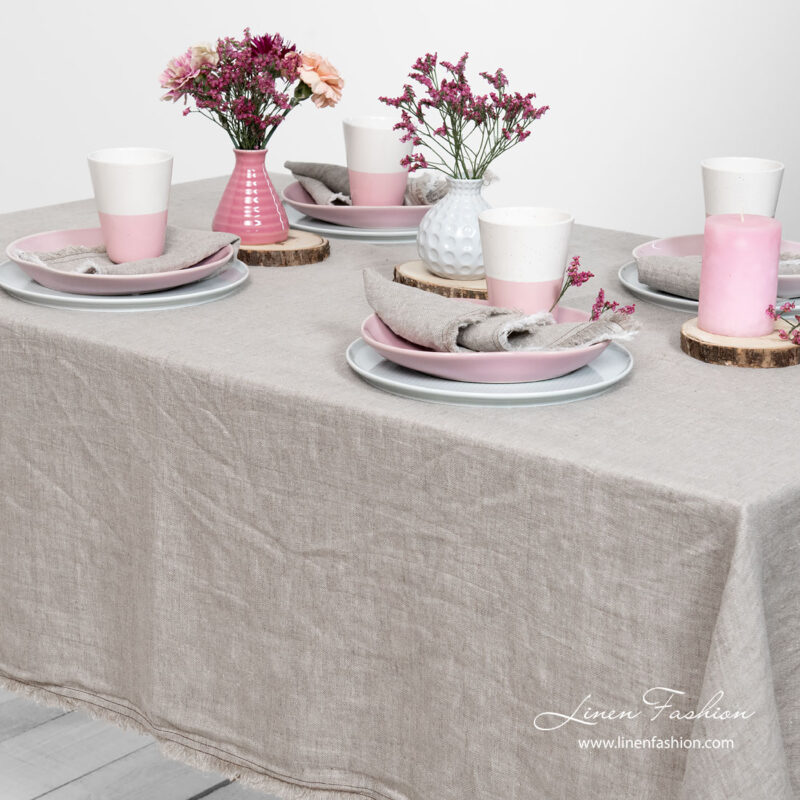 Washed linen light grey tablecloth with fringe and double stitch around