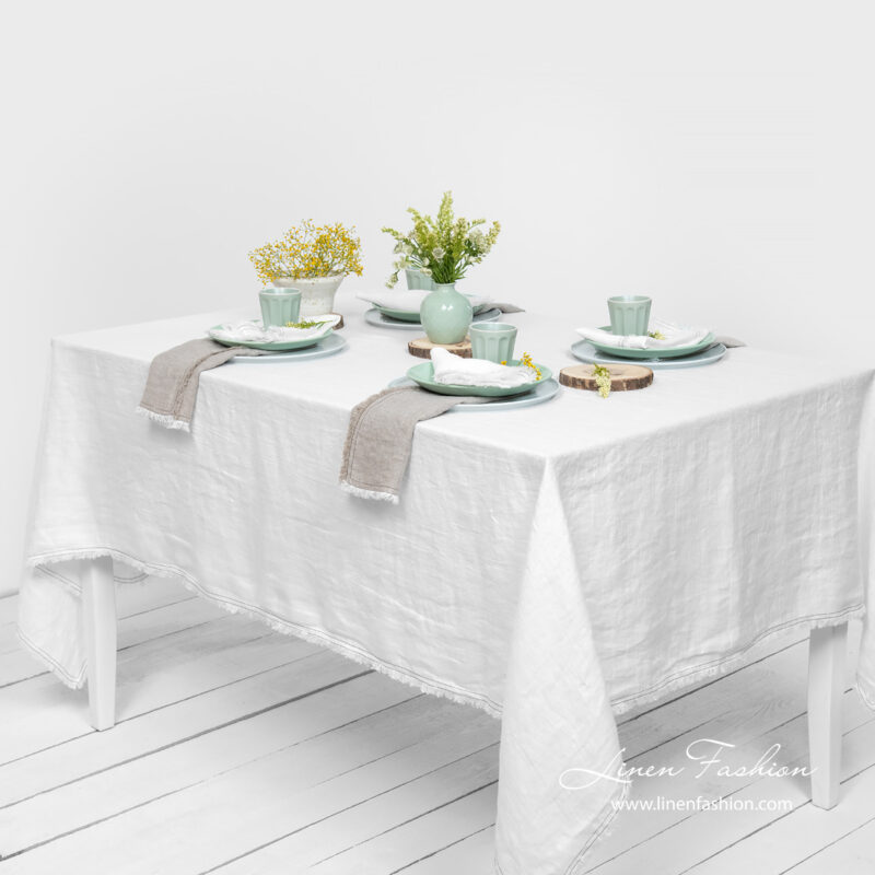 Washed linen white tablecloth with fringe