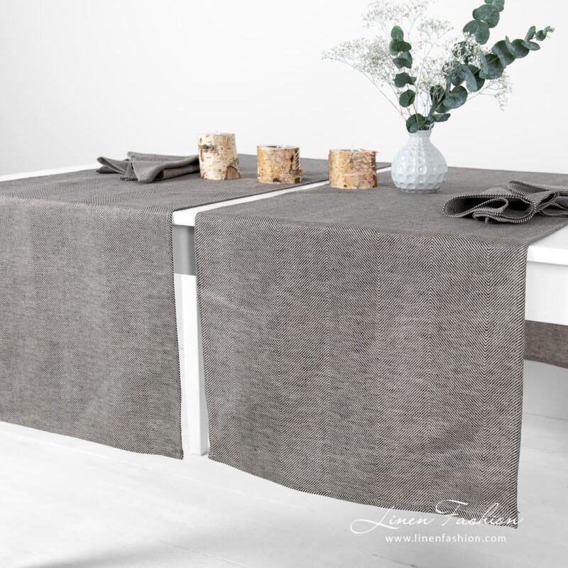 Grey linen cotton runner in herringbone pattern