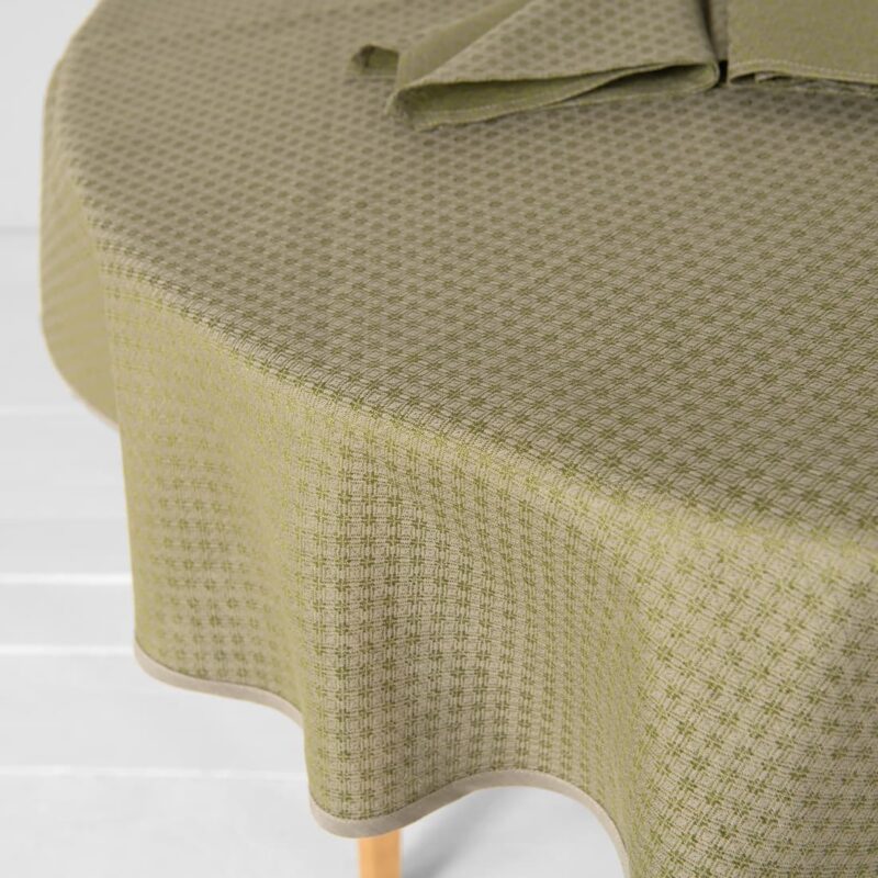 Round/oval linen cotton green tablecloth, diamond pattern