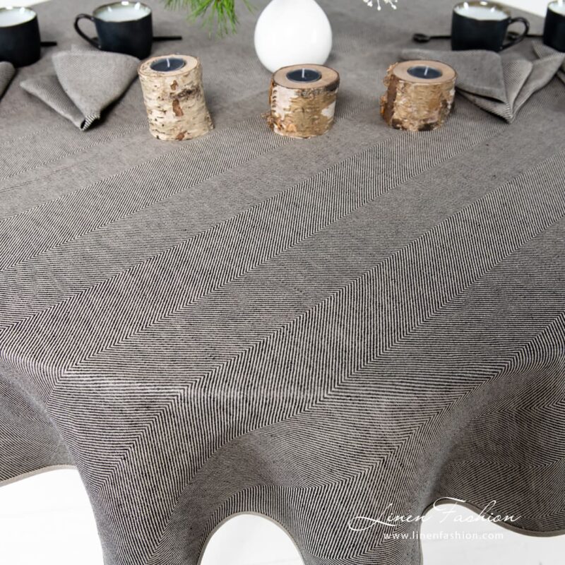 Linen cotton round (oval) tablecloth in herringbone pattern