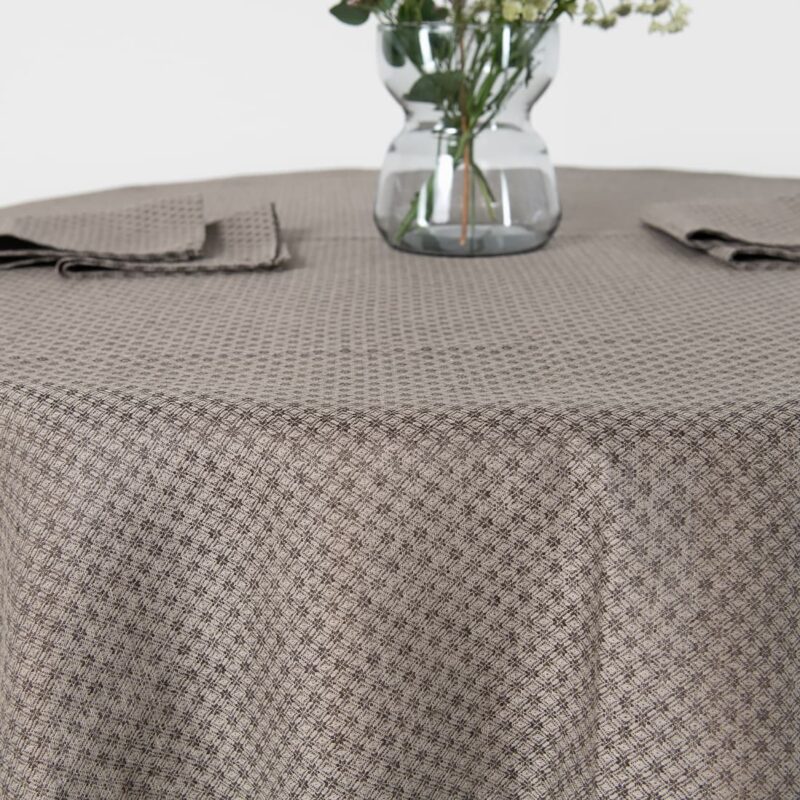 dark brown patterned linen-cotton tablecloth, detail