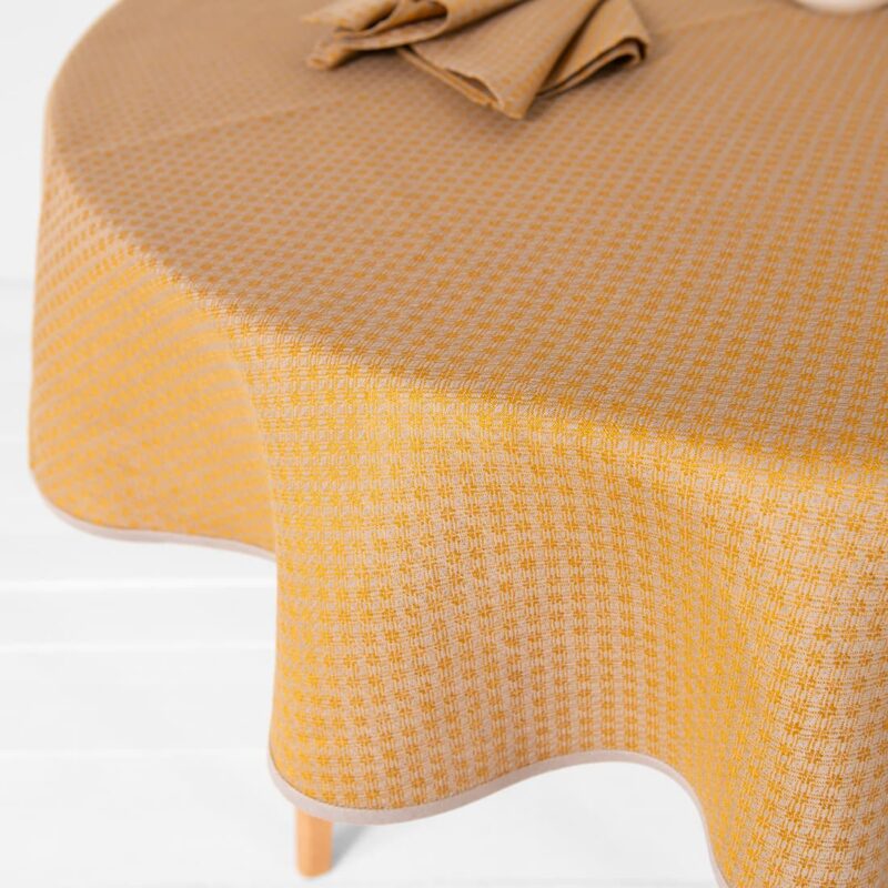 Round/oval linen cotton yellow tablecloth, close up