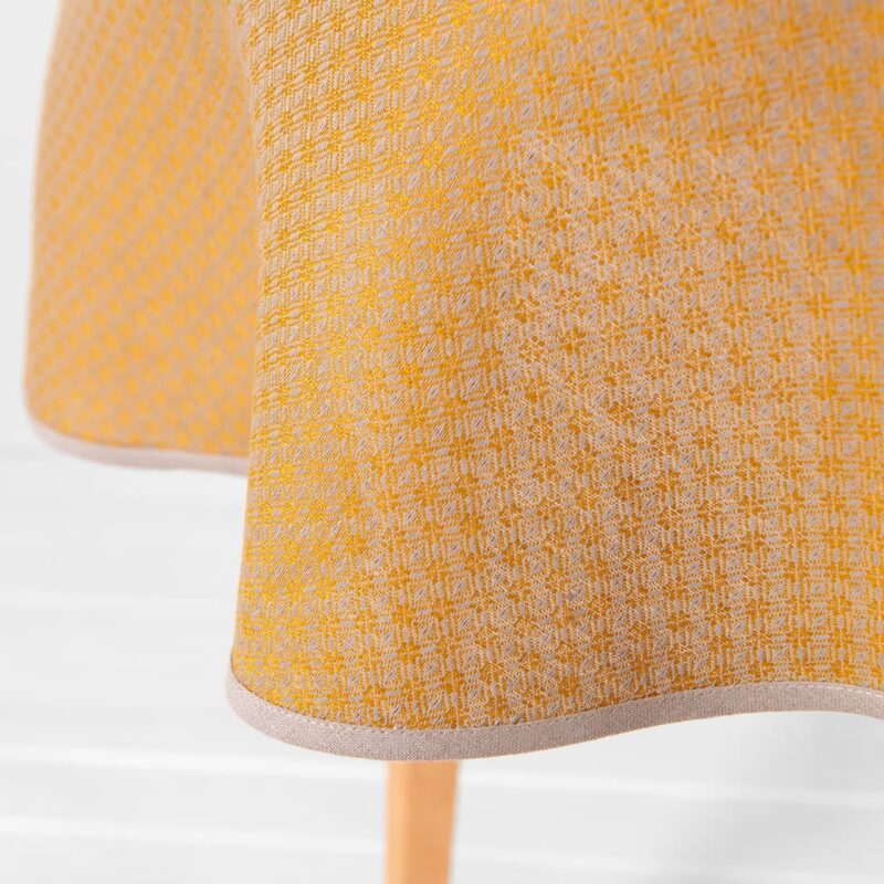 Round/oval linen cotton yellow tablecloth, with beige piping