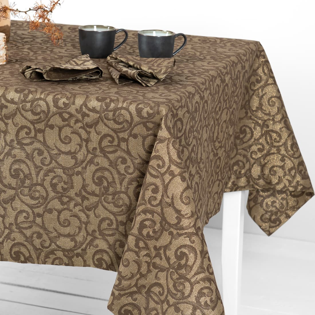 linen cotton brown jacquard tablecloth, flower motif.