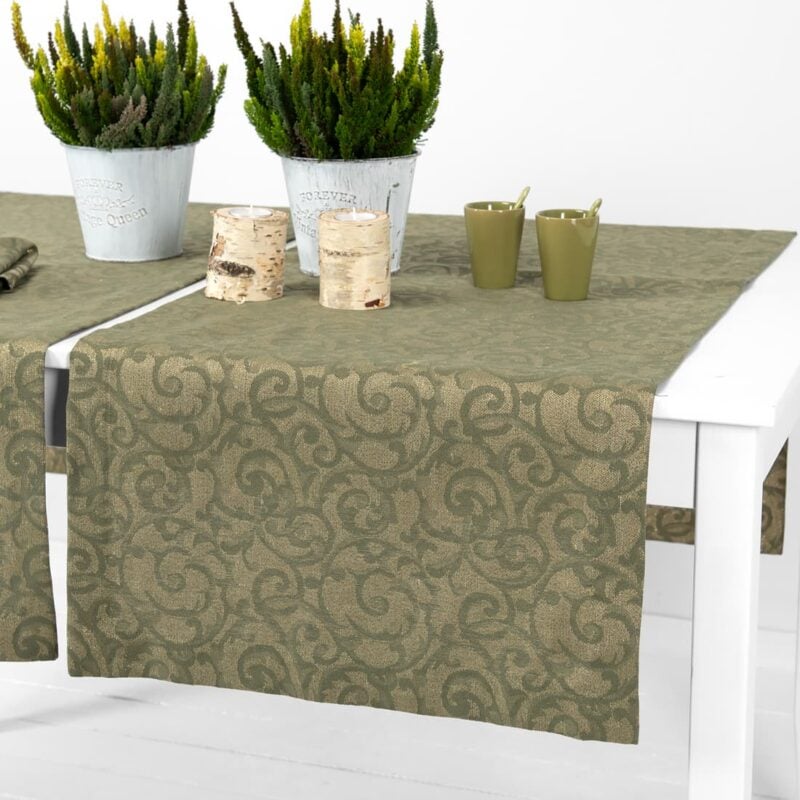 linen cotton olive jacquard runner with 4cm. borders.