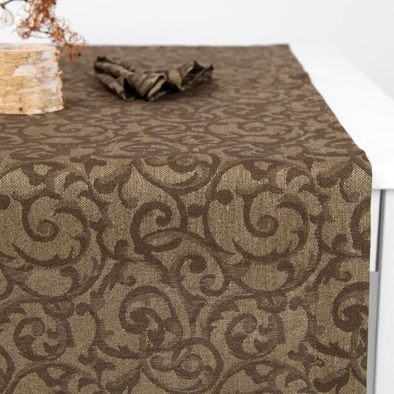 linen cotton brown jacquard runner, golden lurex.