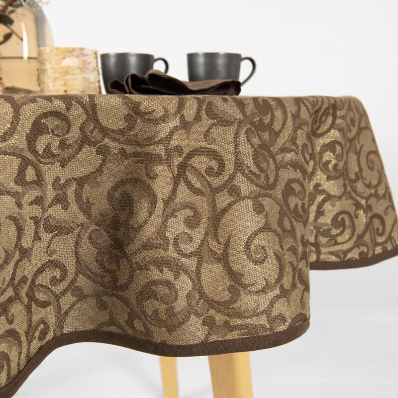 round linen cotton brown jacquard tablecloth, with brown piping around.