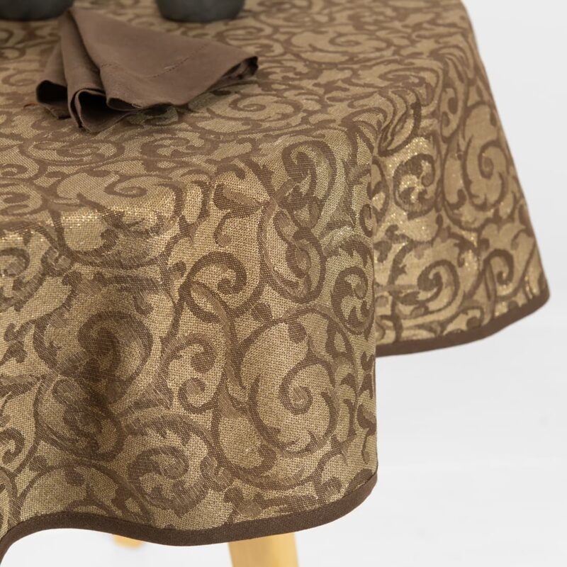 round linen cotton brown jacquard tablecloth, shining gold.