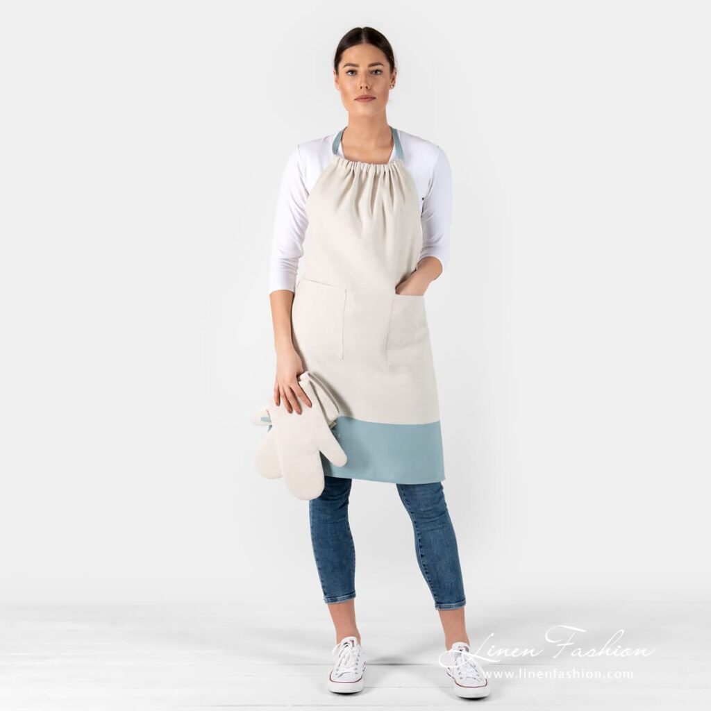 JAVA Schürze beige 3 JAVA linen cotton apron with matching kitchen gloves