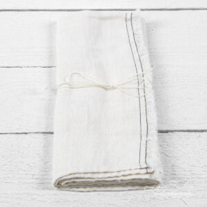 Küchentuch 10 4 White kitchen towel with brown stitches and loose fringes on one side