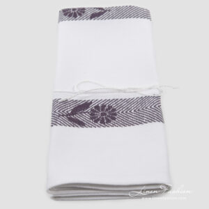 Kitchen linen cotton towel white with violet flowers.