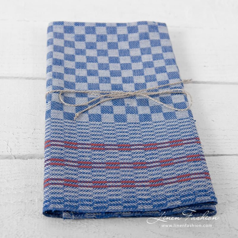 Blue checked linen blend kitchen towel with red stripes