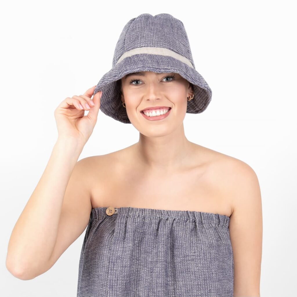 PURO Saunamütze blau meliert 3 blue linen sauna hat washed