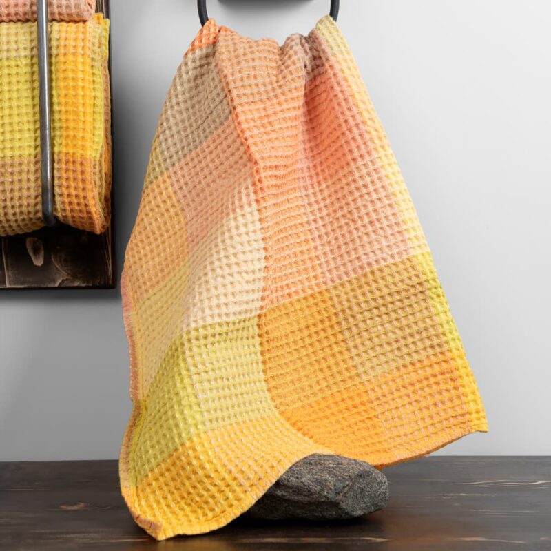 linen orange bath towel, big checks.