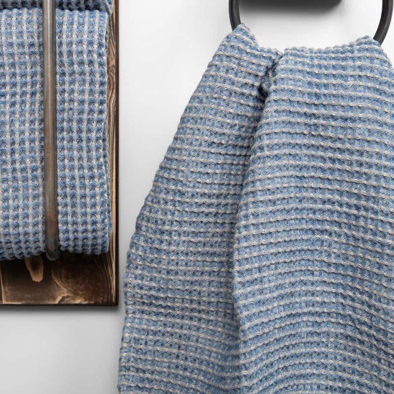 grey blue linen cotton bath towel, waffle structure