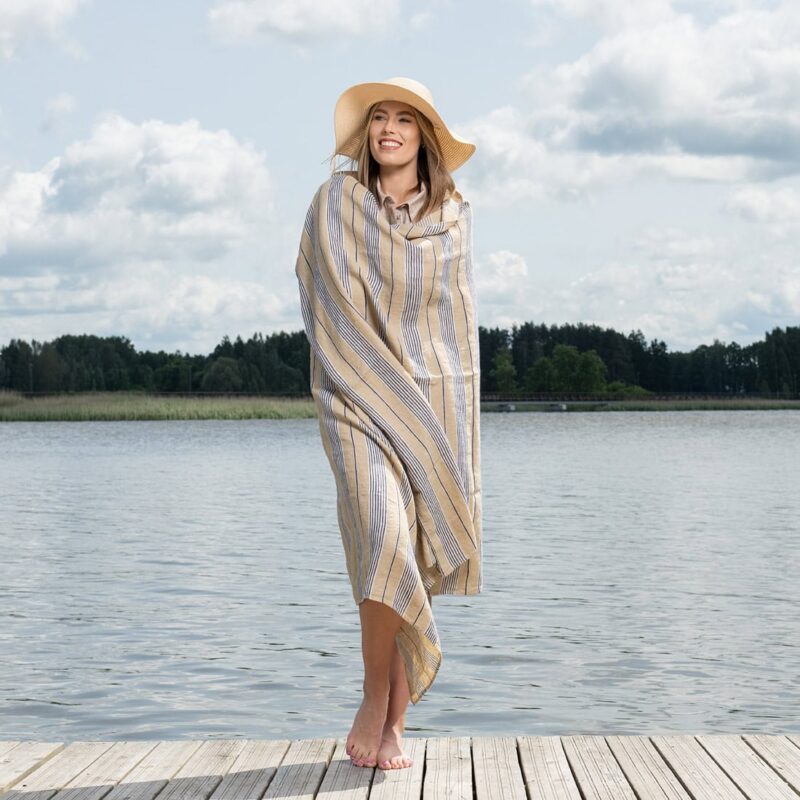 Yellow linen beach towel with blue stripes, pure linen