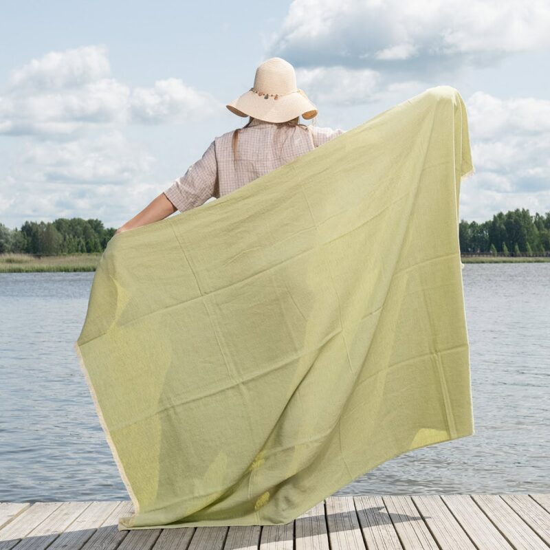 Green and yellow herringbone linen cotton beach towel, large size
