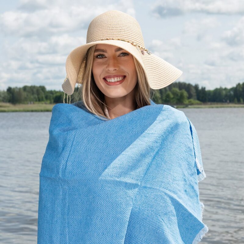 Light blue herringbone linen cotton beach towel, lightweight specially washed fabric