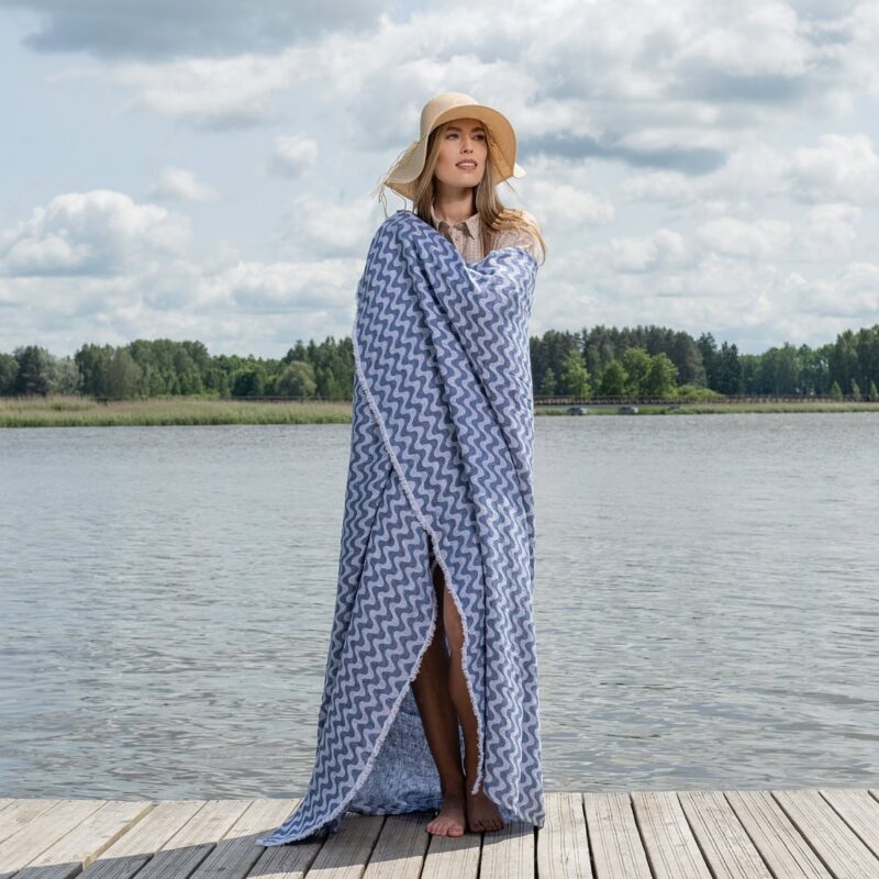 Linen beach towel in blue and white wavy stripes, jacquard weave