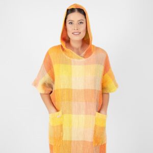 orange linen poncho with hoodie.