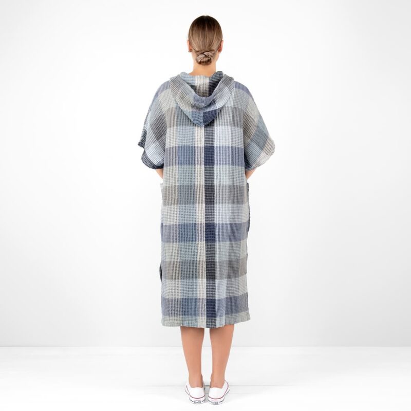 grey blue linen poncho bingo from backside.