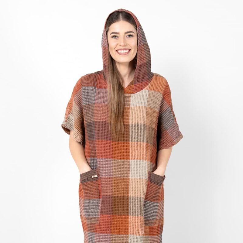 Brown linen poncho with hood