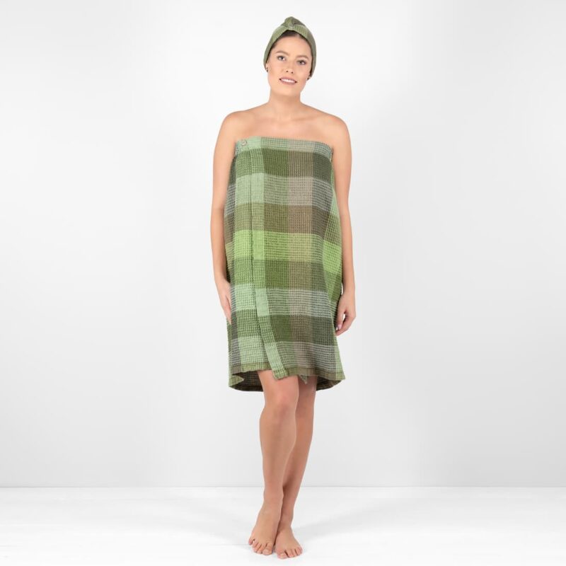 linen green wrap towel.