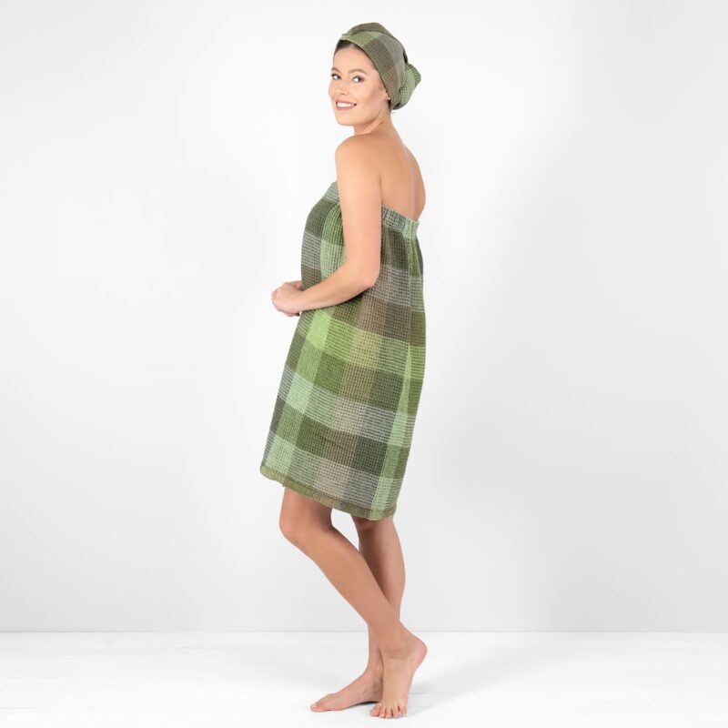 linen green wrap towel waffle from side.