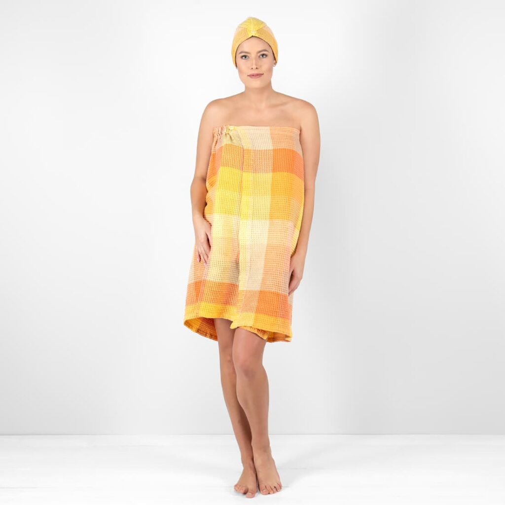 BINGO Saunakilt orange 1 orange linen wrap towel, waffle structure.