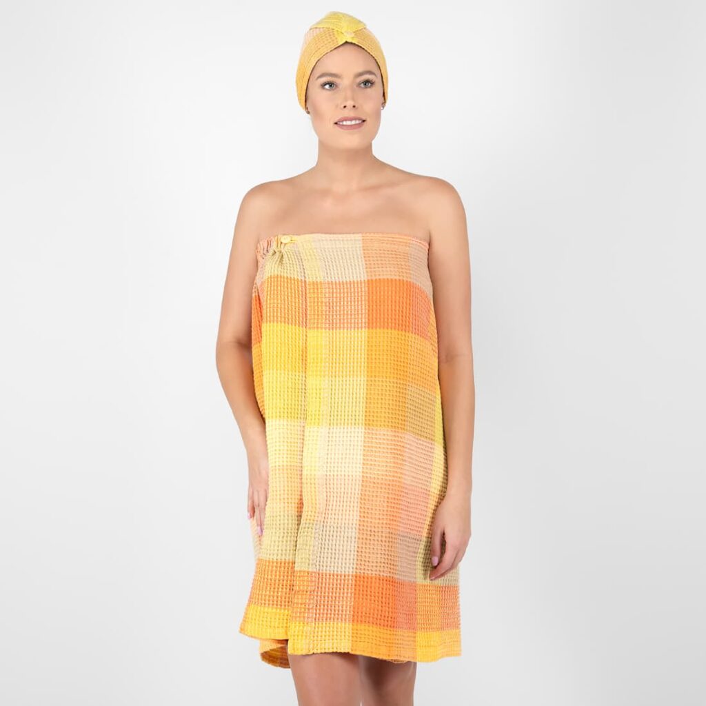 BINGO Saunakilt orange 3 orange linen wrap towel, washed.