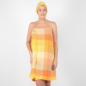 BINGO Saunakilt orange 13 orange linen wrap towel, washed.