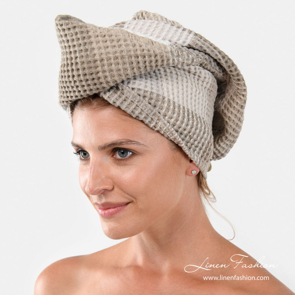 BINGO Turban beige 1 Linen hair towel - turban with brownish grey checks