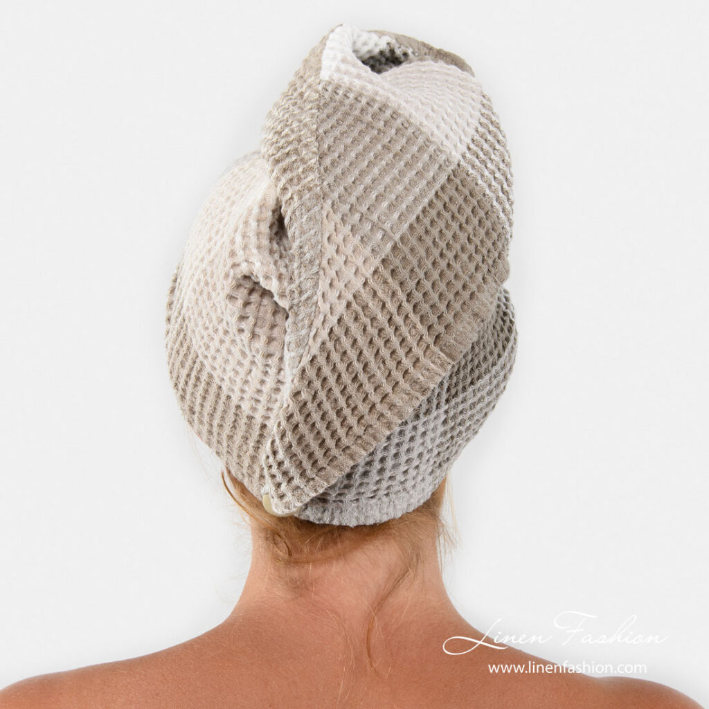 BINGO Turban beige 2 Linen hair towel turban with checks, button on the back